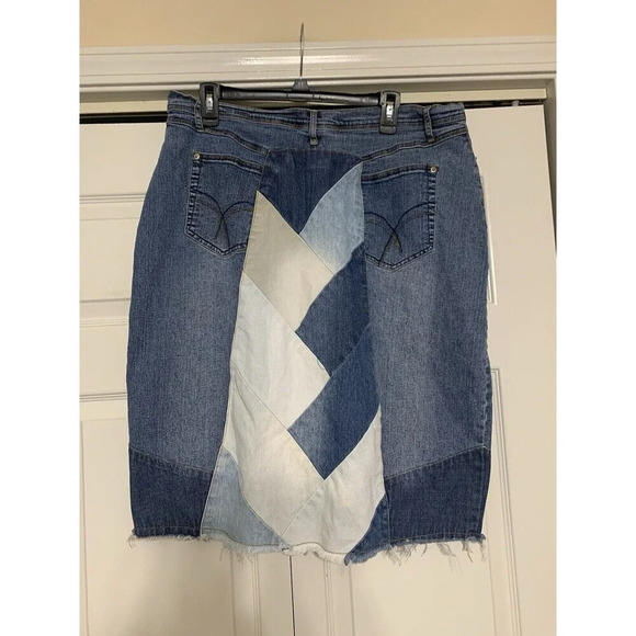 Ashley Stewart Patchwork Denim Raw Hem Plus Size Skirt 18W Boho Y2K Retro (O27) - Picture 6 of 9